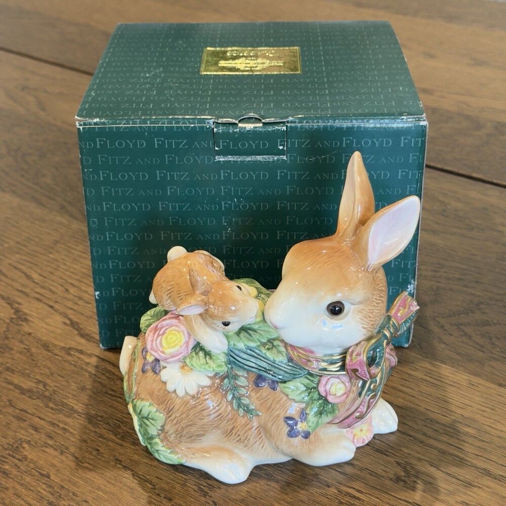 Fitz & Floyd Woodland Spring Rabbit Lidded Box Mother & Baby Easter New In Box